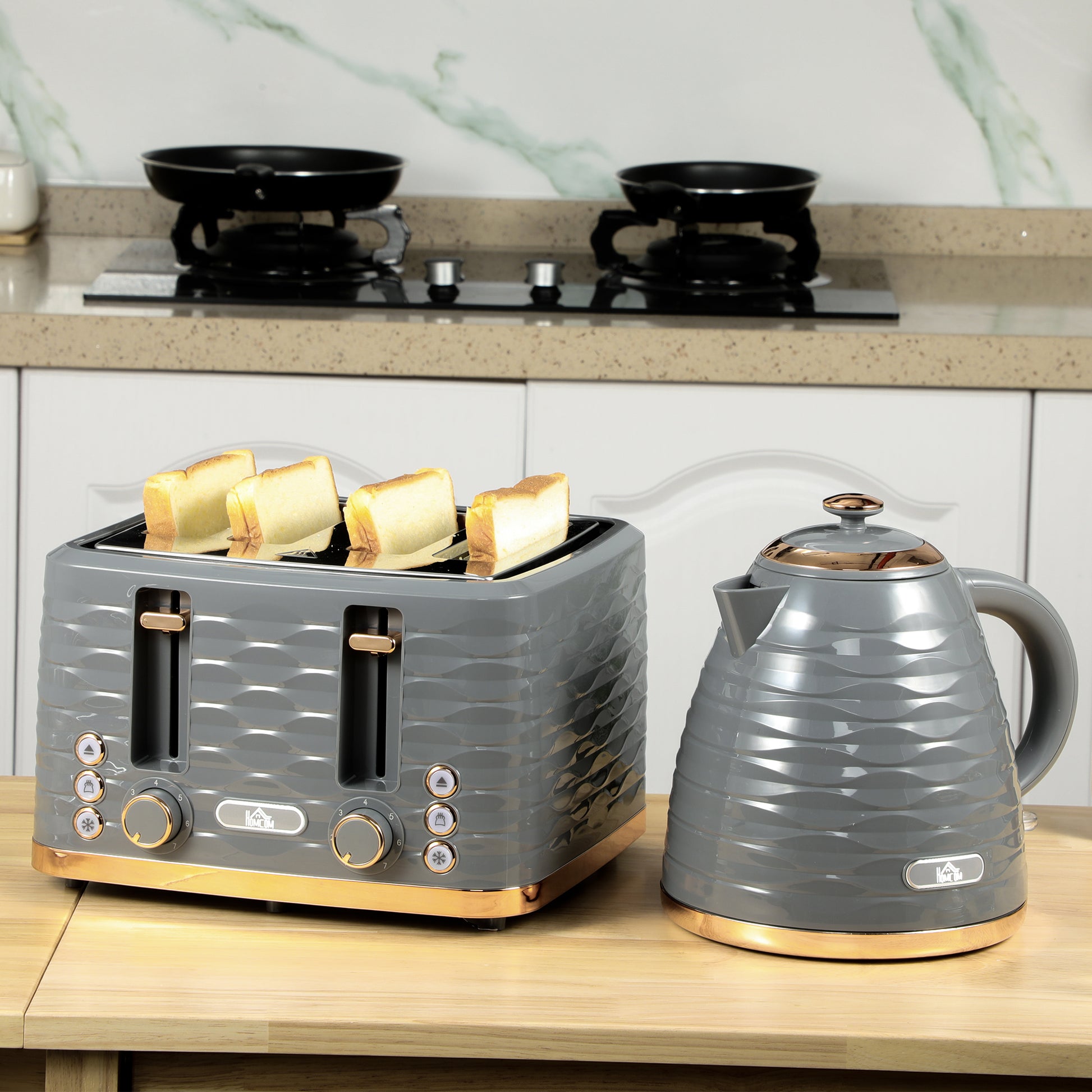 HOMCOM Kettle and Toaster Sets, 3000W 1.7L Rapid Boil Kettle & 4 Slice Toaster with 7 Browning Controls, Defrost, Reheat and Crumb Tray, UK Otter thermostat, Grey